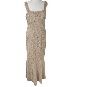 Ignite Evenings Sparkling Sequin Lace‎ Overlay Formal Gown Sz 8 Taupe Sleeveless